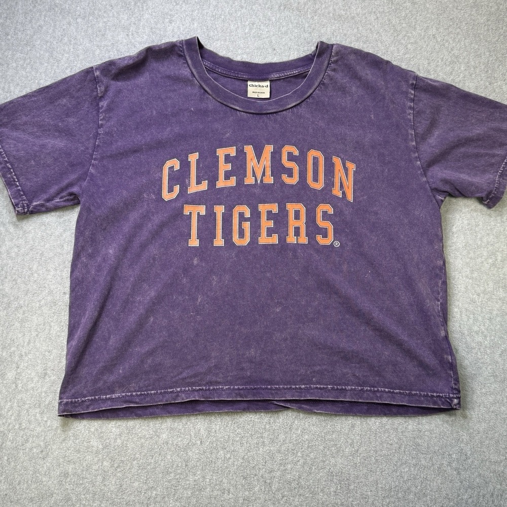 Clemson Tigers Purple Graphic T-Shirt Women's Large Distressed Washed Look Crop